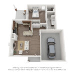 1 bedroom 1 bath color 3d floor plan with garage on the right